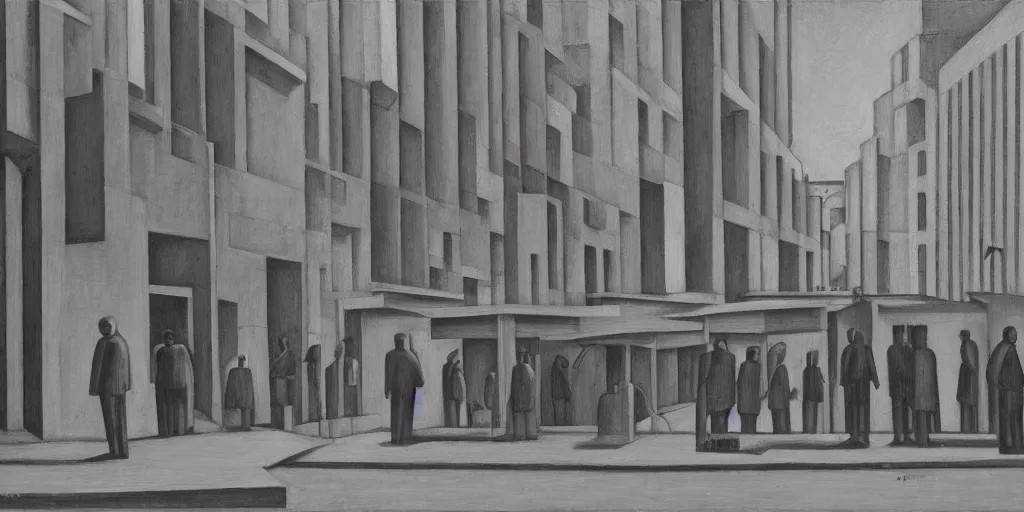 Image similar to red robots queue up in a stark grayscale brutalist town, street elevation, grant wood, pj crook, edward hopper, oil on canvas