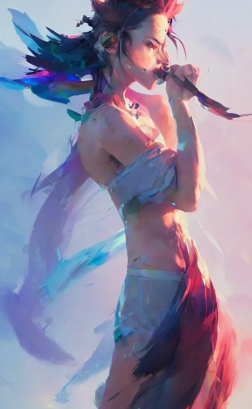 Image similar to a cute woman with rainbow hair dancing, cute tube-top long dress, In style of Yoji Shinkawa, wojtek fus, by Jordan Grimmer and greg rutkowski, concept art, highly detailed