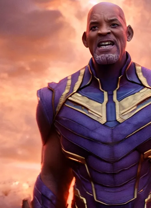 Prompt: film still of Will Smith as Thanos in Avengers Endgame, 4k