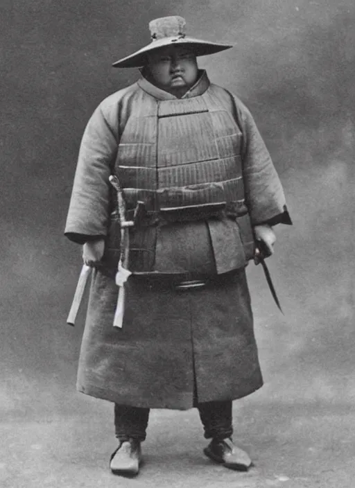 Prompt: old photo of a very very rotund samurai holding a pistol