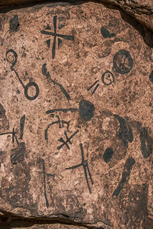 Image similar to 4 k photography of petroglyphs representing crosses, ufo, wifi symbol on a cave