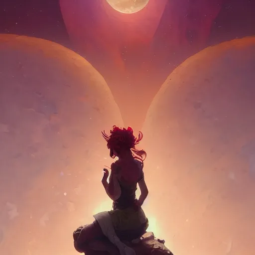 Image similar to highly detailed painting of the moon, unreal engine, fantasy art by greg rutkowski, loish, rhads, ferdinand knab, makoto shinkai and lois van baarle, ilya kuvshinov, rossdraws, tom bagshaw, alphonse mucha, global illumination, radiant light, detailed and intricate environment