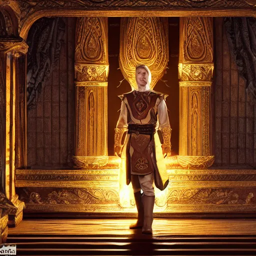 Image similar to the elder scrolls vi, charismatic regal blonde high elf male jarl, portrait, exquisitely designed throne room, atmospheric lighting, painted, intricate, volumetric lighting, beautiful, daytime, sunny weather, sharp focus, deep colours, ultra detailed, by leesha hannigan, ross tran, thierry doizon, kai carpenter, ignacio fernandez rios