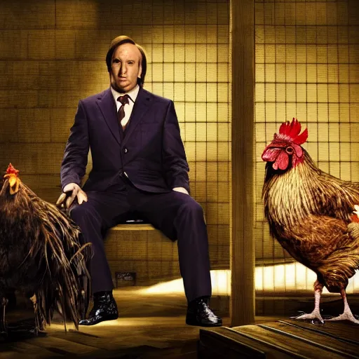 Image similar to saul goodman and a rooster in a saw movie torture chamber, saw movie jigsaw background, saul goodman, rooster, photo