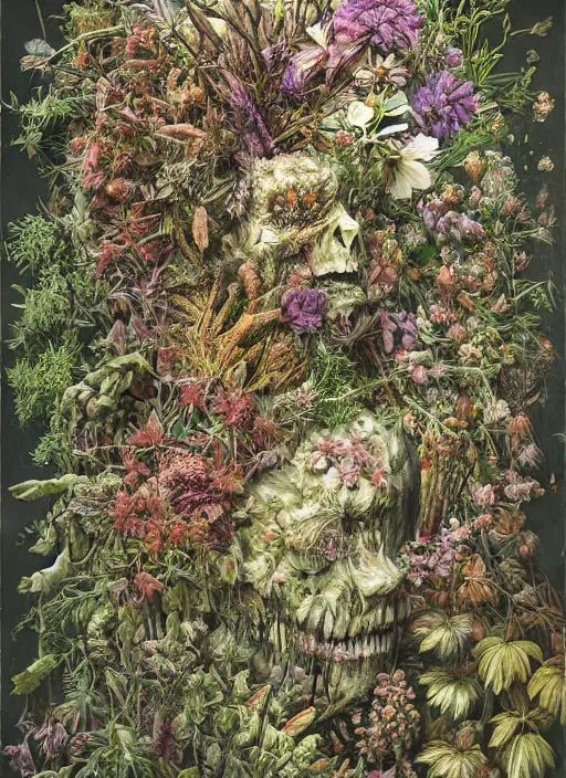 Prompt: a hyper detailed fine painting of a monster made of woods herbs flowers and plants, horror surrealism