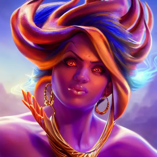 Image similar to all powerful genie, ecstatic, infinite power, manic, perfect eyes, full body shot, magical being, magic, portrait, noble, transformation, vivid colors, elegant, concept art, sharp focus, digital art, Hyper-realistic, 4K, Unreal Engine, Highly Detailed, HD, Dramatic Lighting by Brom, trending on Artstation