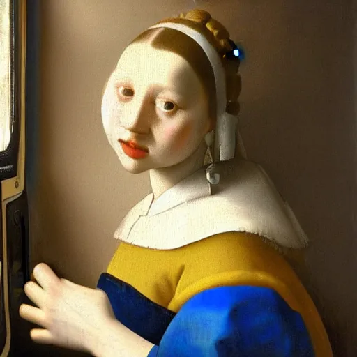 Prompt: high quality high detail painting by johannes vermeer, portrait of a modern girl in a bus, hd, photorealistic lighting