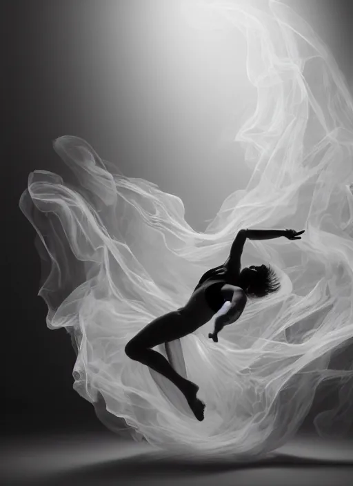 Image similar to a Photorealistic dramatic hyperrealistic render of a glamorous beautiful Female smoke dancer by Ken Brower and Deborah Ory of NYC Dance project,Lois Greenfield,Flowing cloth and smoke,Beautiful dynamic dramatic dark moody lighting,volumetric,shadows,cinematic atmosphere,Octane render,8K