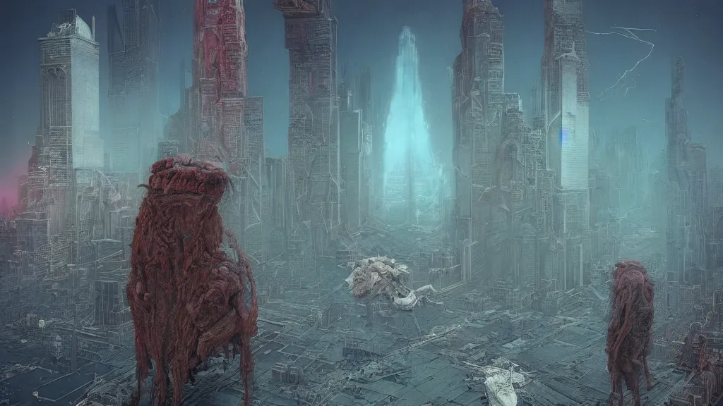 Prompt: there is a monster problem in Chicago, by Wayne Barlowe and Alan Bean and Bekzinski and Beeple