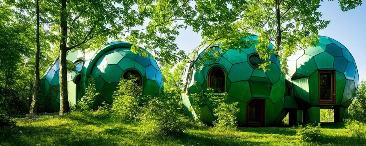 Image similar to spectacular green dome house by buckminster fuller and kristoffer tejlgaard, earthship, optimus sun orientation, north hemisphere,