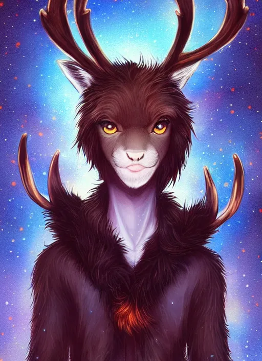 Image similar to award winning beautiful portrait commission of a male furry anthro Black Reindeer fursona with a tail, wings and a cute beautiful attractive detailed furry face wearing stylish black and orange galaxy clothes in a outerspace city at night while it rains. Character design by charlie bowater, ross tran, artgerm, and makoto shinkai, detailed, inked, western comic book art