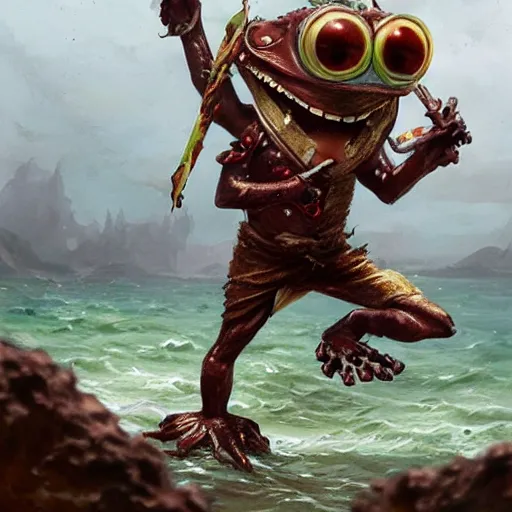 Prompt: crazy frog warrior with a bloody sable in a sea on a sea leaf, by greg rutkowski, very detailed, in the style of magic the gathering