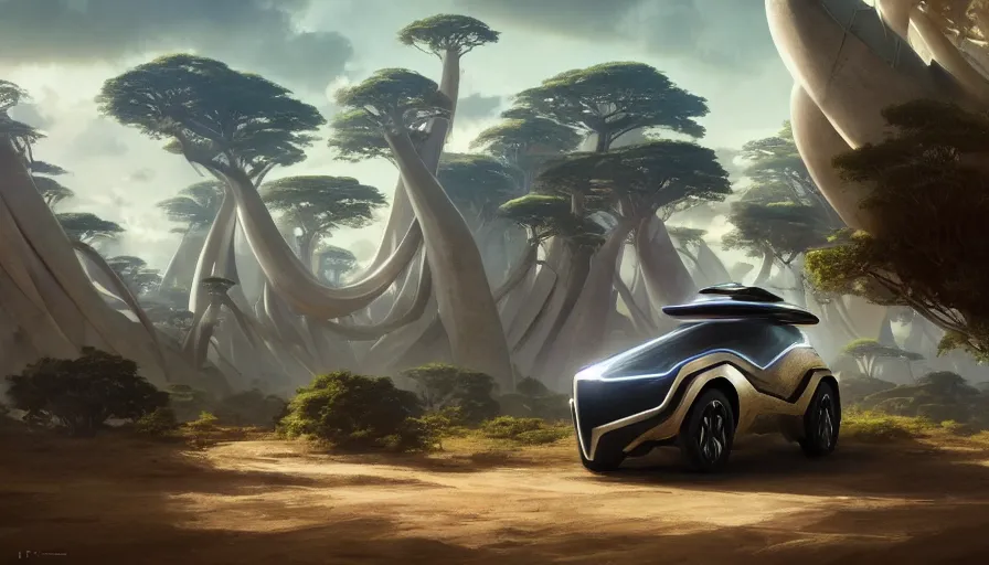 Prompt: a futuristic suv designed by pininfarina driving through madagascar with baobabs trees, artgerm and greg rutkowski and alphonse mucha, an epic fantasy, volumetric light, detailed, establishing shot, an epic fantasy, trending on art station, octane render, midsommar