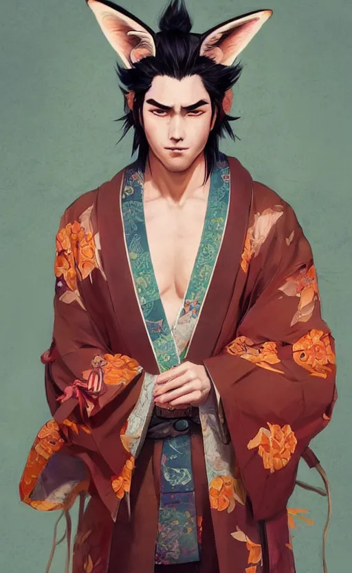 Image similar to An beautiful digital painting of a beautiful man with fox ears and nine tails wearing a kimono, by Stanley Artgerm Lau, WLOP, Rossdraws, James Jean, Andrei Riabovitchev, Marc Simonetti, and Sakimichan, tranding on artstation, SFW version