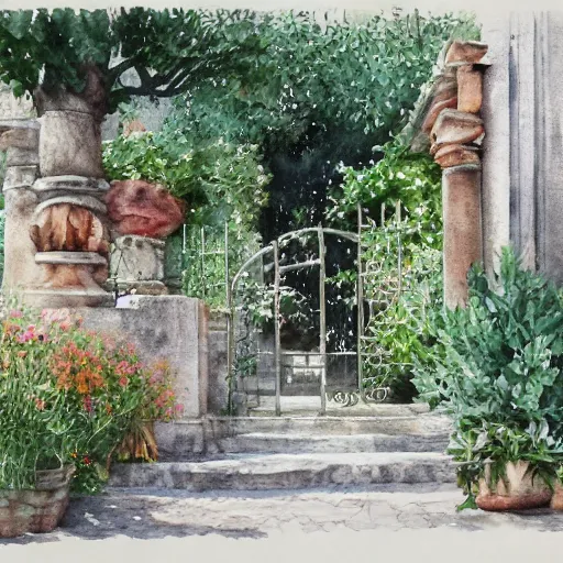 Image similar to delicate, garden, paved, botanic watercolors, iridescent, 8 k, realistic shaded, fine details, artstation, italian, chairs, gate, oak tree, pompeii