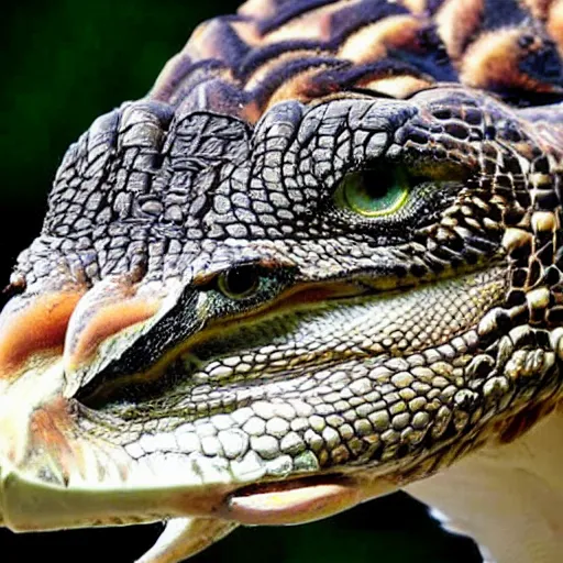 Prompt: hawk and crocodile morphed together, half crocodile, half hawk, real picture taken in zoo