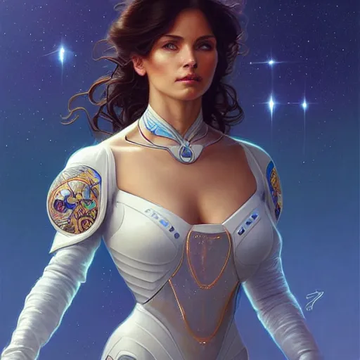 Image similar to Portrait of very very very very very very beautiful Latina woman, spacesuit, blue eyes, intricate, elegant, highly detailed, digital painting, artstation, concept art, smooth, sharp focus, illustration, art by artgerm and greg rutkowski and alphonse mucha