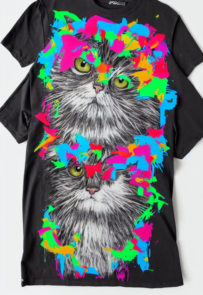 Prompt: fluffy cat with an afro comb t - shirt design, by jules julien, alex yanes, dark grisaille monochrome neon spraypaint, ironic surrealism, hypebeast