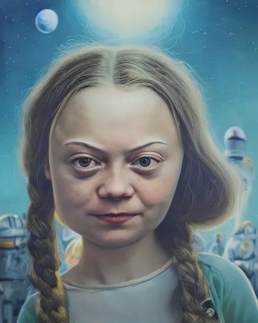 Image similar to closeup face profile portrait of greta thunberg as a soviet space toy, bikini, depth of field, zeiss lens, detailed and intricate environment, fashion photoshoot by nicoletta ceccoli, mark ryden, lostfish, breathtaking, 8 k resolution, artistic, hyperrealistic, octane render