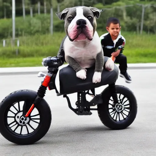 Image similar to Gray American Bully Dog riding a motorcycle wearing Lewis Hamilton Mercedes Petronas merchandise