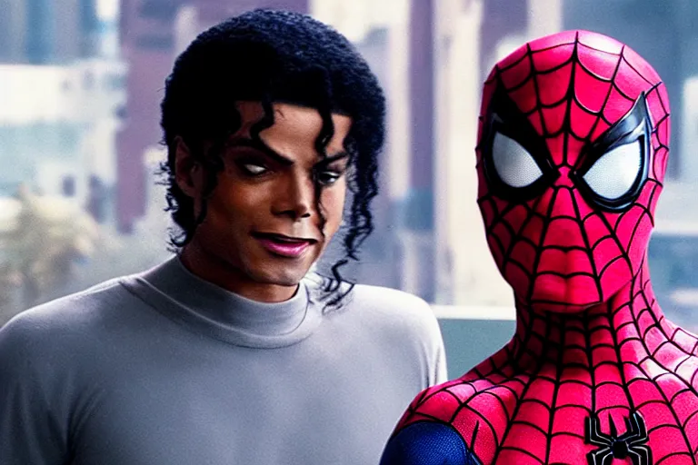 Image similar to Spider-man without mask, played by Michael Jackson in the 1990s, ultra realistic, 4K, UHD, sharp, marvel, cinematic, movie still