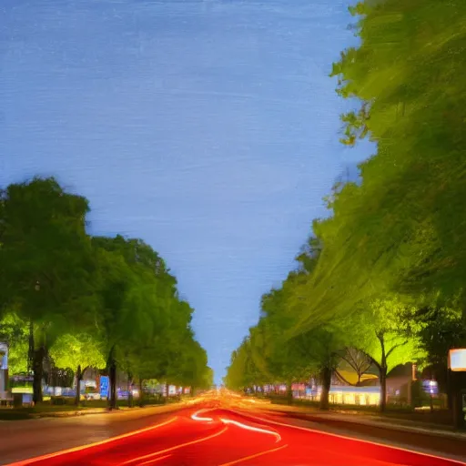 Prompt: avenue, median with trees, uptown neighborhood, neighborhood, liminal space, traffic lights, blue hour