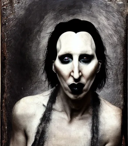 Image similar to portrait of marilyn manson by joel peter witkin and hieronymus bosch, high quality, high detail