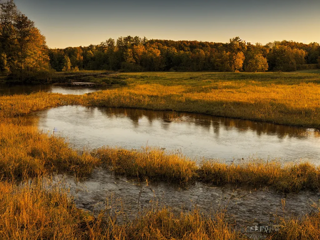Image similar to photograph of a field by a dam and a river, new england, color, golden hour