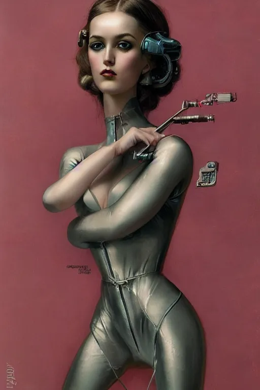 Prompt: Atompunk portrait of a beautiful female dollpunk with thin lustrous hair wearing a full bodysuit, focus, detailed, realistic eyes, symmetric body features proportions, intricate details, award winning, by Tom Bagshaw