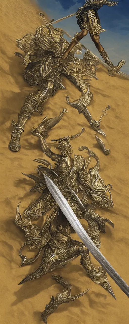 Image similar to sword of justice laying in the sand, ornate gem in golden pommel, engraved blade, serrated point, herringbone floor, low angle, greg rukowski, boris vallejo, highly detailed, intricate, focus, smooth, cinematic