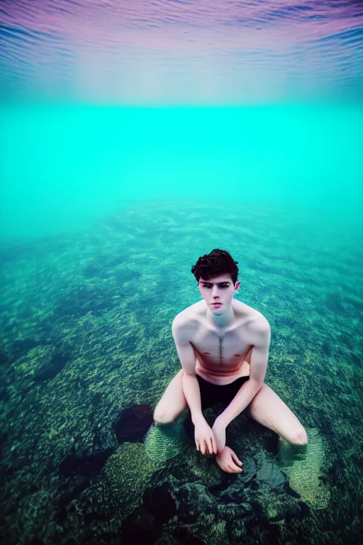 Prompt: high quality pastel coloured film mid angle docu photograph of a beautiful young 2 0 year old male, soft features, short black hair, swimming, submerged in an icelandic black rock pool environment. atmospheric. three point light. photographic. art directed. ( pastel colours ). volumetric light. clearcoat. waves glitch. 8 k. filmic.