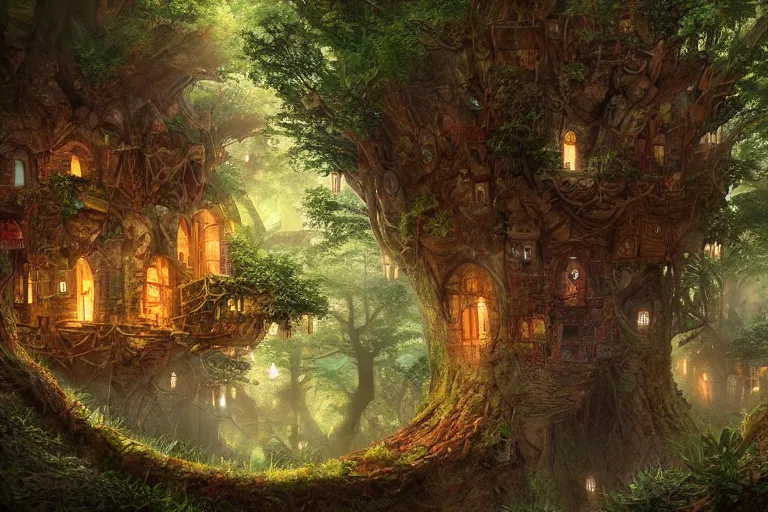 Image similar to a miniature city built into the trunk of a single colossal tree in the forest, with tiny people, in the style of marc simonetti, lit windows, close - up, low angle, wide angle, awe - inspiring, highly detailed digital art