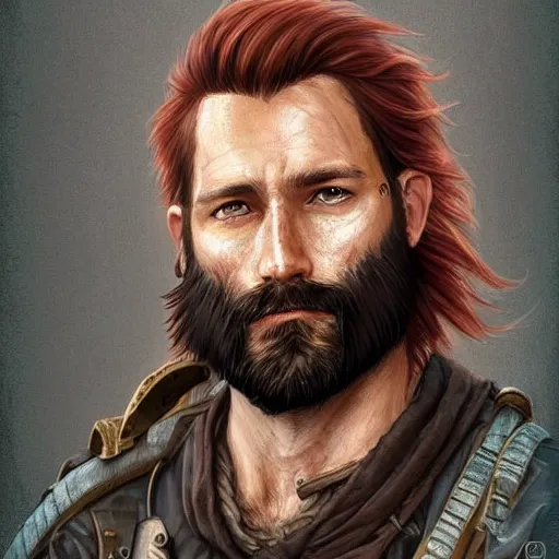 Image similar to portrait of a rugged ranger, 35 years old, beard, male, masculine, upper body, red hair, long hair, soft hair, D&D, fantasy, intricate,fantasy genre, magic, elegant, highly detailed, digital painting, artstation, concept art, matte, sharp focus, illustration, art by Artgerm and Greg Rutkowski and Alphonse Mucha