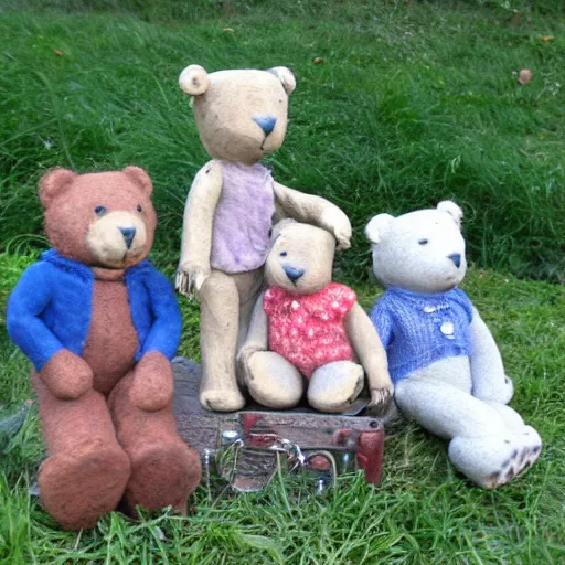 Image similar to teddy bears picnic in the style of carol lawson, as clay figures,