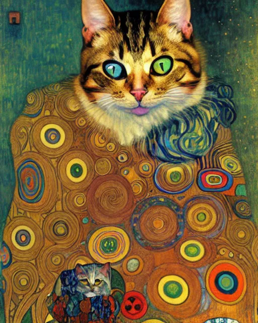 Image similar to summertime cat portrait an oil painting splashes with many colors and shapes by gustav klimt greg rutkowski and alphonse mucha, polycount, generative art, psychedelic, fractalism, glitch art