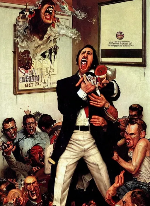 Image similar to nicholas cage screaming about crazy evil in his own living room, painted by norman rockwell and phil hale and tom lovell and frank schoonover