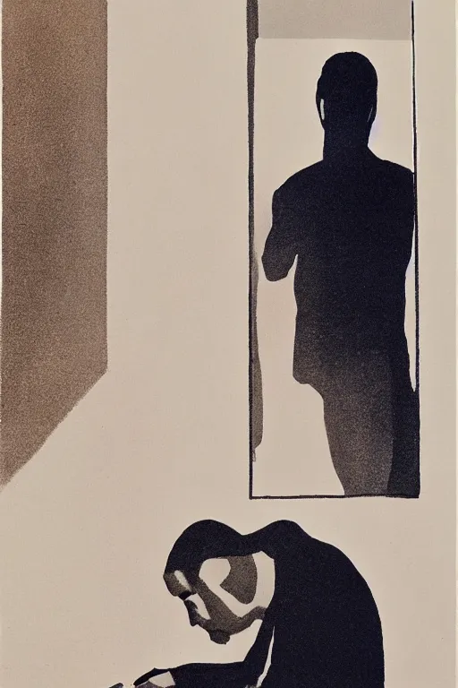 Image similar to man looking at his reflection in the mirror, 1960’s minimalist advertising illustration, painterly, expressive brush strokes