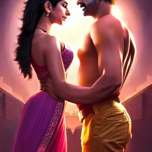 Image similar to perfectly centered bollywood movie promotional poster of anatomically correct hero and heroine glamourous romantic pose, faces symmetrical ; real life portrait, ultra realistic, high coherence, intricate, hdr, highly detailed, photorealistic, octane render, 8 k, unreal engine ; art by artgerm, greg rutkowski, charlie bowater