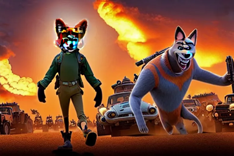 Image similar to nick wilde ( from zootopia ), heavily armed and armored facing down armageddon in a dark and gritty reboot from the makers of mad max : fury road