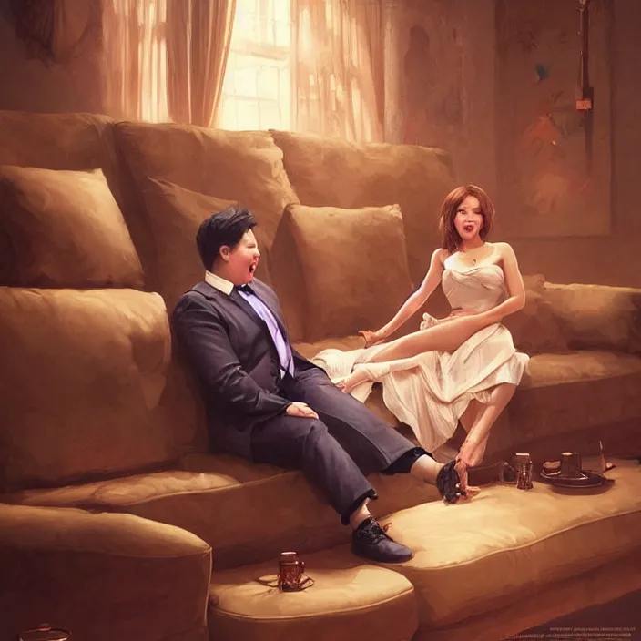 Image similar to portrait of michael mcintyre leaving on a sofa with a singing waitress, elegant, real life skin, intricate artwork, high detailed, artstation, concept art, smooth, sharpz focus, art by artgerm and greg rutkowski