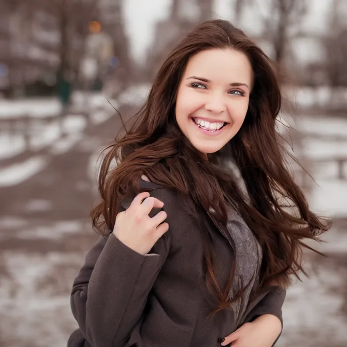 Prompt: a beautiful girl from minnesota, brunette, joyfully smiling at the camera opening her brown eyes. thinner face, irish genes, dark chocolate hair colour, wearing university of minneapolis coat, perfect nose, morning hour, plane light, portrait, minneapolis as background. healthy, athletic, in her early 2 6