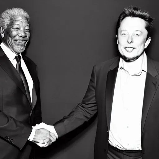 Image similar to morgan freeman shaking hands with elon musk, grayscale photography, black and white