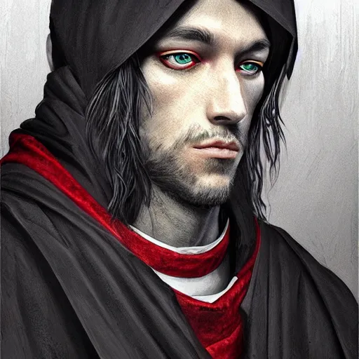 Prompt: portrait of a handsome Catholic priest with red eyes, dark, intricate details, highly detailed, concept art, digital painting, trending on artstation, award-winning. Art by Loran DeSore and Merwild