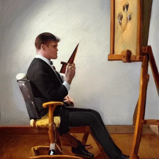 Prompt: clean shaven mcgregor is dressed as a gentleman at early 2 0 th century paris. he is watching an easel. that easel has a canvas on it. ewan mcgregor has a brush on his hand. he is painting a painting. there is a small brown cat with yellow eyes on ewan mcgregors feet, by h. r. giger