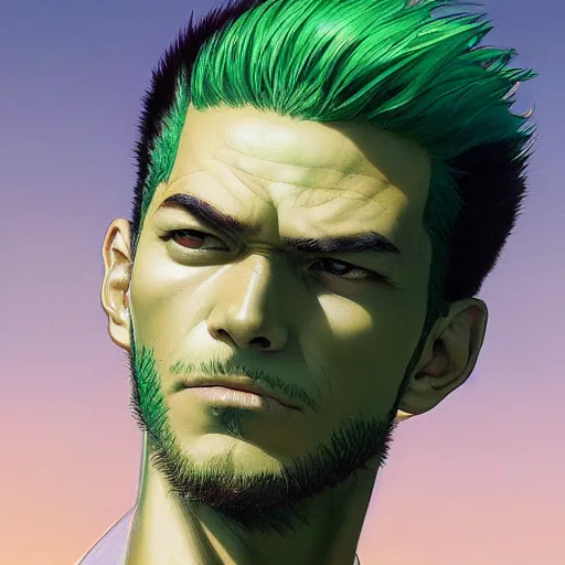 Prompt: highly detailed vfx portrait of roronoa zoro, stephen bliss, green hair, loish, rhads, beeple, makoto shinkai, tom bagshaw, alphonse mucha, sharp focus, art by artgerm and greg rutkowski, stanley kubrick, backlit, harsh overhead sunlight,