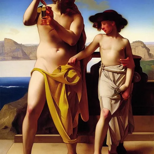 Prompt: biblical david and goliath are actually good friends and are having a pint together, by j. c. leyendecker, tamara de lempicka, bouguereau