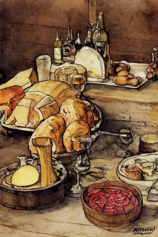 Prompt: pork, meat, schnapps, cheese, candle on a barrel in a cellar, watercolor painting by anderz zorn and carl larsson