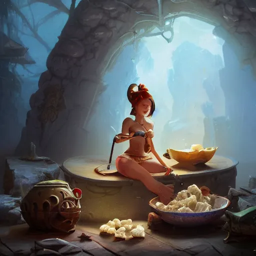 Image similar to Little Miss is sitting on her Tuffet eating a bowl of curds and whey, summer, 8k resolution matte fantasy painting, cinematic lighting, DeviantArt, Artstation, Jason Felix Steve Argyle Tyler Jacobson Peter Mohrbacher