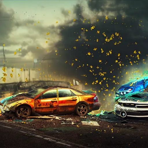 Image similar to two car wrecks on top of eachother, rusty, with graffiti of sun flowers on them, torn, war, realistic photo, octane render, cinematic lightning, 8 k, volumetric illumination