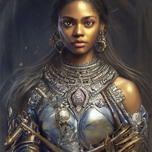 Image similar to artstation concept of a beautiful girl holding a sword in both hands, brown skin, symmetrical face, silver garment, shiny colorful, hyperdetailed, artstation trending, world renowned artists, worth1000.com, historic artworks society, antique renewel, cgsociety, by greg rutkowski, by Gustave Dore, Deviantart